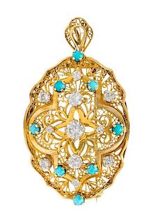 A Yellow Gold, Diamond and Turquoise Pendant/Brooch, 9.40 dwts.