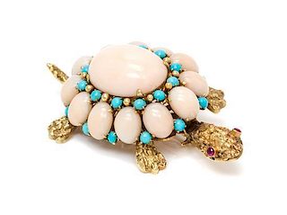 A Yellow Gold, Coral, Turquoise, and Ruby Turtle Brooch, 12.60 dwts.