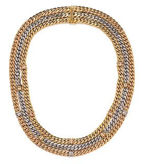 An 18 Karat Tricolor Gold and Diamond Triple Strand Necklace, Fred Paris, 93.50 dwts.