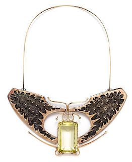 * A Silver, Gold and Yellow Quartz Butterfly Motif Collar Necklace, 103.90 dwts.