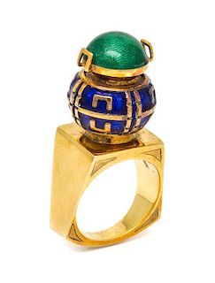 * A Yellow Gold and Polychrome Enamel Ring, 9.20 dwts.