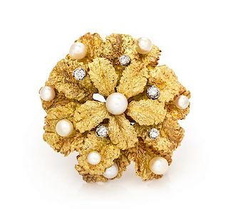 An 18 Karat Yellow Gold, Cultured Pearl and Diamond Brooch, Tiffany & Co., 15.10 dwts.
