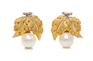 A Pair of 18 Karat Bicolor Gold and Cultured Pearl Earclips, Buccellati, 7.70 dwts.