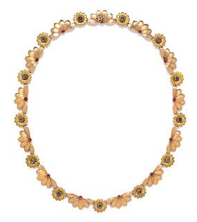 A Bicolor Gold, Ruby and Sapphire Floral Motif Necklace, M. Buccellati, 21.60 dwts.