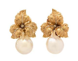 A Pair of 18 Karat Yellow Gold and Cultured Pearl Earclips, Mario Buccellati, 8.40 dwts.