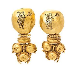* A Pair of High Karat Yellow Gold Pendant Earrings, 9.40 dwts.