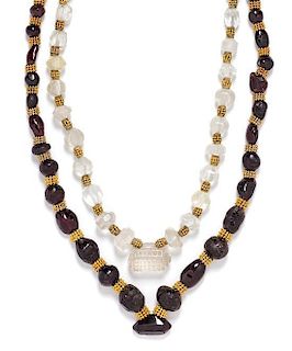 * A Collection of Yellow Gold, Rock Crystal and Garnet Bead Necklaces, 76.70 dwts.