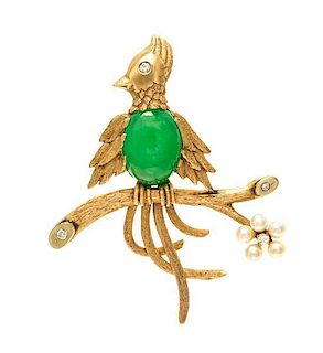 * A Yellow Gold, Jadeite Jade, Cultured Pearl and Diamond Bird Brooch, 9.20 dwts.