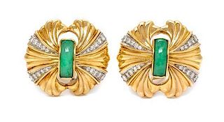 A Pair of Yellow Gold, Diamond and Jade Earclips, 21.50 dwts.