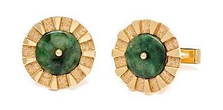 A Pair of Yellow Gold and Jade Cufflinks, 10.20 dwts.