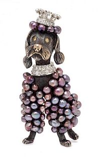 A Silver, Gold, Seed Pearl, and Diamond Dog Brooch, 14.90 dwts.