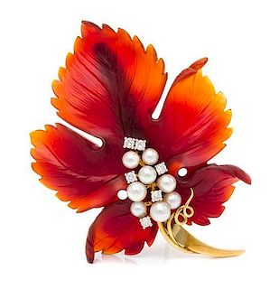 An 18 Karat Yellow Gold, Carved Carnelian, Cultured Pearl, and Diamond Leaf Brooch, 13.10 dwts.