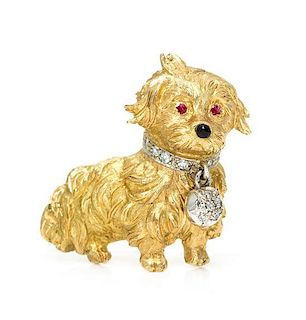 An 18 Karat Yellow Gold, Ruby and Diamond Dog Brooch, 5.70 dwts.