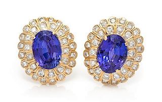 A Pair of Yellow Gold, Tanzanite and Diamond Earrings, 14.80 dwts.