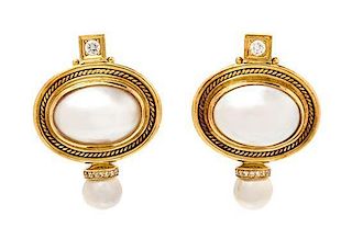 A Pair of 18 Karat Yellow Gold, Cultured Pearl, Mabe Pearl and Diamond Earclips, Elizabeth Gage, 17.10 dwts.
