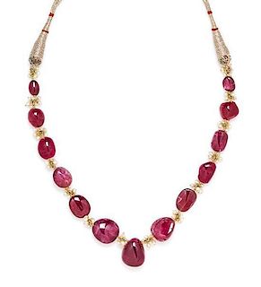 A Fine Spinel Bead and Natural Pearl Necklace,