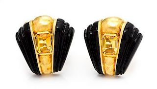 A Pair of 18 Karat Yellow Gold, Onyx and Citrine Earclips, 23.30 dwts.