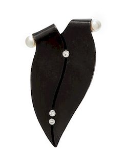 * An Art Moderne Blackened Steel, White Gold, Cultured Pearl and Diamond Brooch, Marsh & Co., 5.10 dwts.