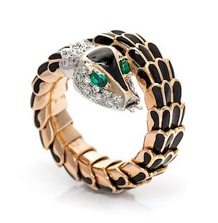 An 18 Karat Rose Gold, Diamond, Emerald and Enamel Serpent Ring, 13.70 dwts.
