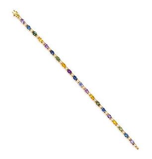 An 18 Karat Yellow Gold, Multicolor Sapphire and Diamond Line Bracelet, 9.70 dwts.