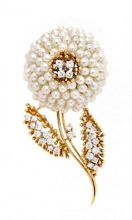 A Bicolor Gold, Cultured Pearl and Diamond Brooch, Kurt Wayne, 27.30 dwts.