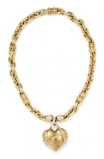 A Yellow Gold and Diamond Heart Motif Necklace, 96.60 dwts.