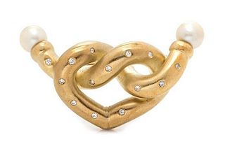 A Yellow Gold, Diamond and Cultured Pearl Knot Motif Brooch, 12.00 dwts.