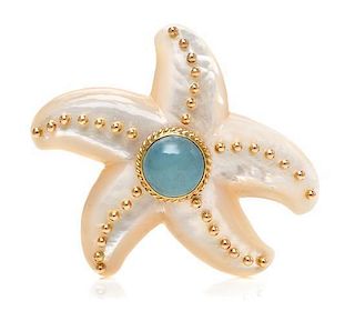 A 14 Karat Yellow Gold, Mother-of-Pearl and Aquamarine Starfish Pendant/Brooch, MAZ, 18.50 dwts.