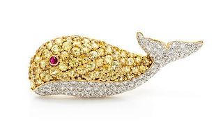 An 18 Karat Yellow Gold, Diamond, Yellow Sapphire and Garnet Whale Pendant/Brooch, LeVian, 6.60 dwts.