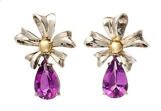 A Pair of Sterling Silver, 18 Karat Yellow Gold and Amethyst Bow Motif Earclips, Tiffany & Co., Circa 1990, 6.90 dwts.