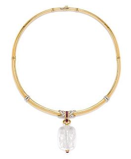 * A Yellow Gold, Rock Crystal Reverse Intaglio, Diamond and Ruby Collar Necklace, 45.00 dwts.