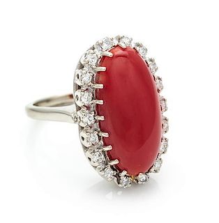A White Gold, Coral and Diamond Ring, 8.30 dwts.