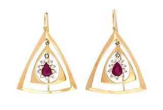 * A Pair of Yellow Gold, Ruby and Diamond Pendant Earrings, 11.60 dwts.