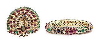 * A Collection of Yellow Gold, Emerald, Ruby and Sapphire Jewelry, 51.40 dwts.