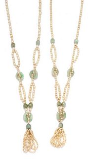 * A Pair of Cultured Pearl and Jadeite Jade Tassel Necklaces,
