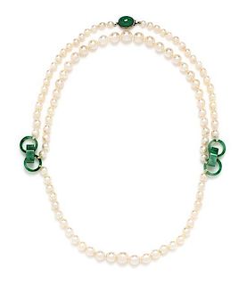 * A White Gold, Jadeite Jade and Cultured Pearl Swag Necklace,