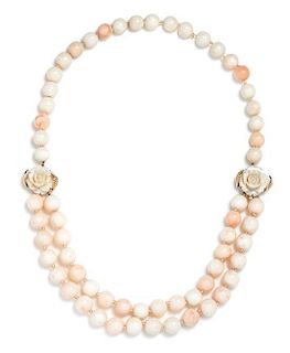 A 14 Karat Yellow Gold and Angel Skin Coral Bead Swag Necklace, 76.10 dwts.