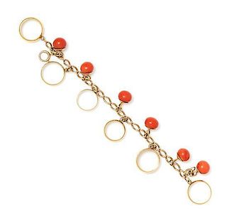 A Victorian Yellow Gold Ring, Coral Bead and Wedding Ring Charm Bracelet, 33.70 dwts.