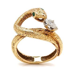 A Yellow Gold, Diamond, and Emerald Serpent Ring, 4.70 dwts.