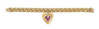 A 14 Karat Yellow Gold, Pink Sapphire and Cultured Pearl Charm Bracelet, 25.70 dwts.