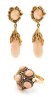 A Collection of Yellow Gold and Angel Skin Coral Jewelry, 12.70 dwts.
