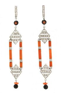 A Pair of Platinum, Coral, Diamond and Onyx Earrings, 9.40 dwts.