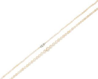 * A Graduated Single Strand Cultured Pearl Necklace with Natural Pearl Clasp,