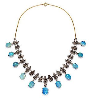 A Silver Topped Gold, Opal and Diamond Fringe Necklace, 21.00 dwts.