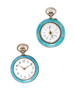 A Collection of Silver and Guilloche Enamel Open Face Pendant Watches, 27.90 dwts.