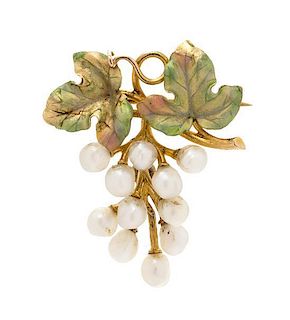 An Art Nouveau 14 Karat Yellow Gold, Pearl, and Polychrome Enamel Grape Motif Brooch, Bippart, Griscom & Osborn, 2.30 dwts.