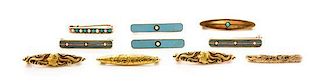 A Collection of Art Nouveau 14 Karat Yellow Gold, Enamel, Seed Pearl and Turquoise Bar Pins, 7.50 dwts.