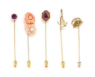 A Collection of Yellow Gold and Multigem Stickpins, 7.90 dwts.