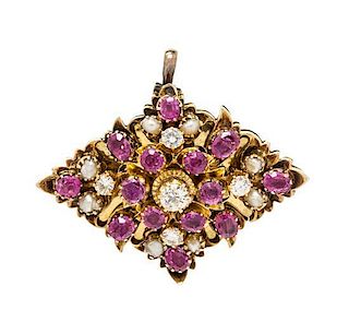 A Yellow Gold, Ruby, Diamond and Seed Pearl Pendant/Brooch, 7.80 dwts.