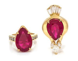 * A Yellow Gold, Diamond and Synthetic Ruby Demi Parure, 5.00 dwts.